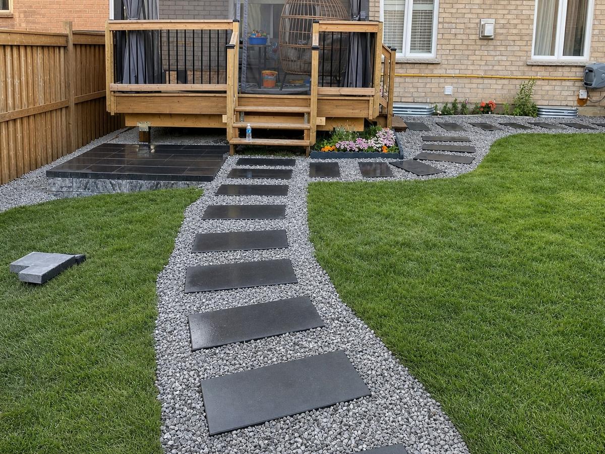 Dark stepping-stone path curving through a fresh sod lawn to a cedar deck